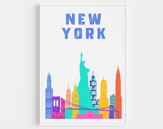 New York Skyline Statue Of Liberty Colorful City Travel Art Poster