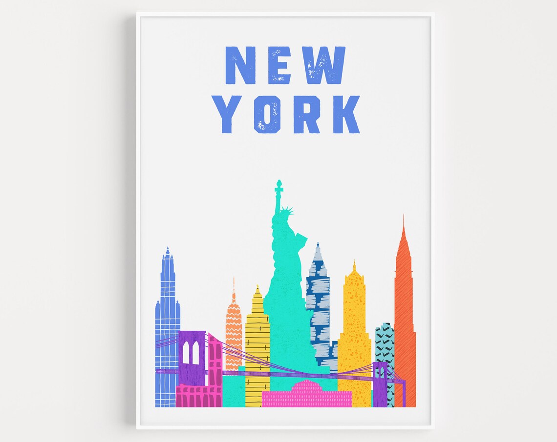 New York Skyline Statue Of Liberty Colorful City Travel Art Poster
