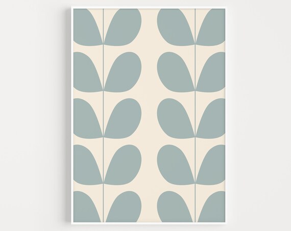 Mid Century Blue Leaf Retro Modern Leaves Poster