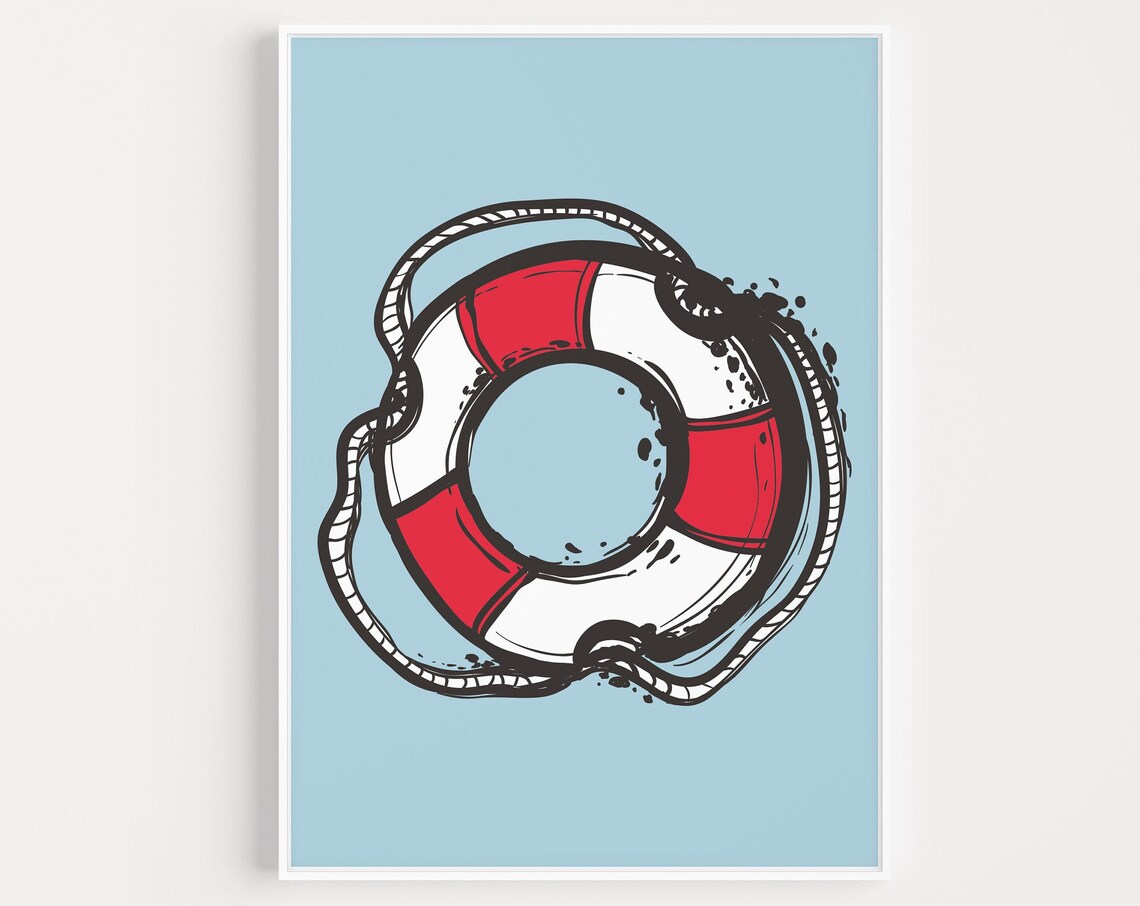 Red White Nautical Life Buoy Rope Seaside Beach Coastal Decor Print