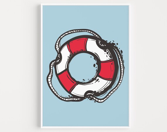 Red White Nautical Life Buoy Rope Seaside Beach Coastal Decor Print