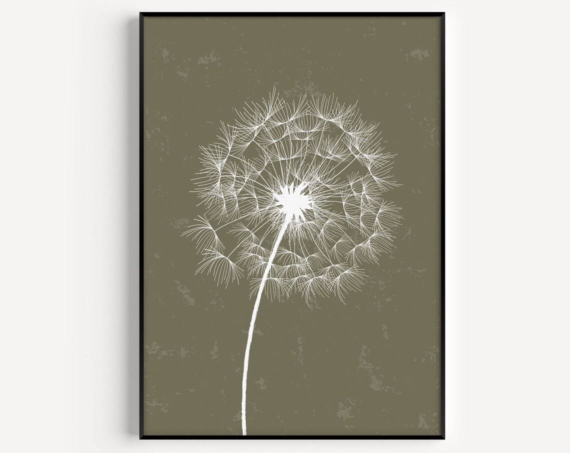 Green Print Dandelion Botanical Wall Art Flower White Minimalist