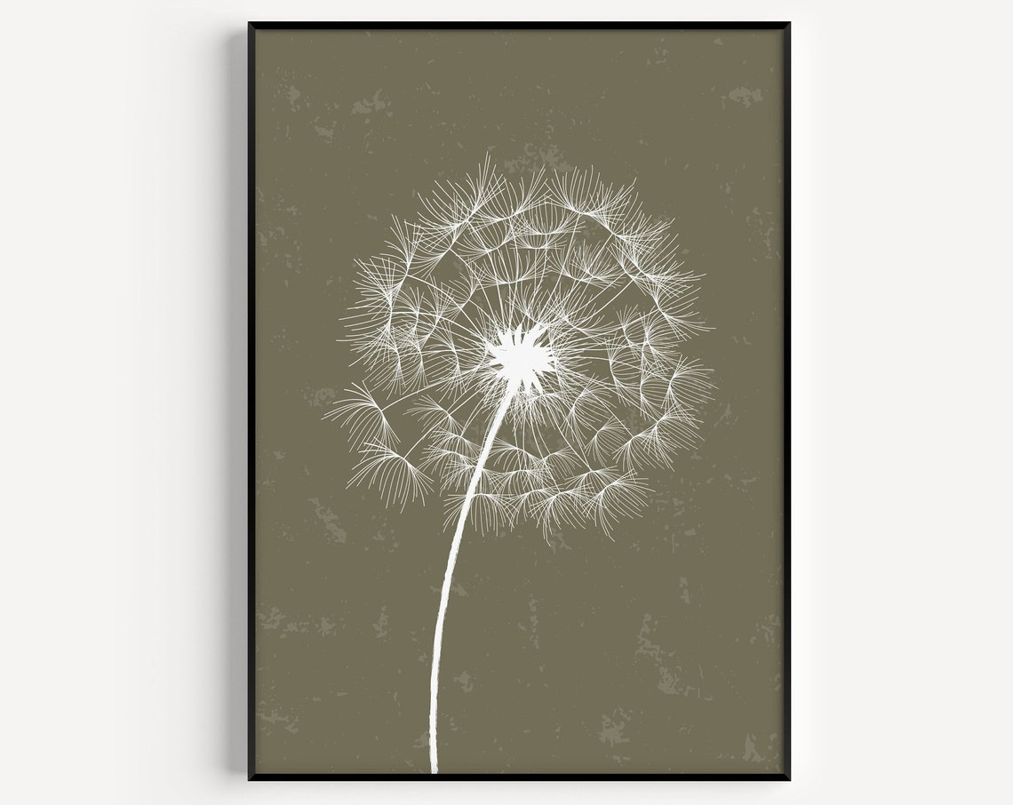 White Dandelion Seed Head Olive Green Minimalist Wall Poster