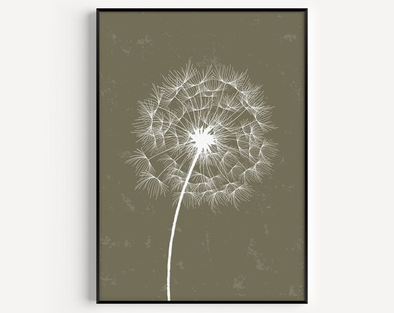 Green Print Dandelion Botanical Wall Art Flower White Minimalist