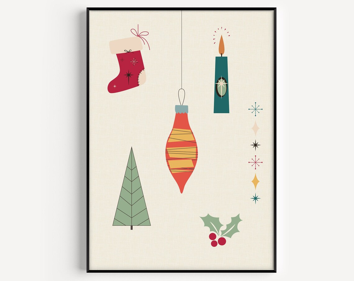 Mid Century Modern Christmas Icons Retro Holiday Wall Poster