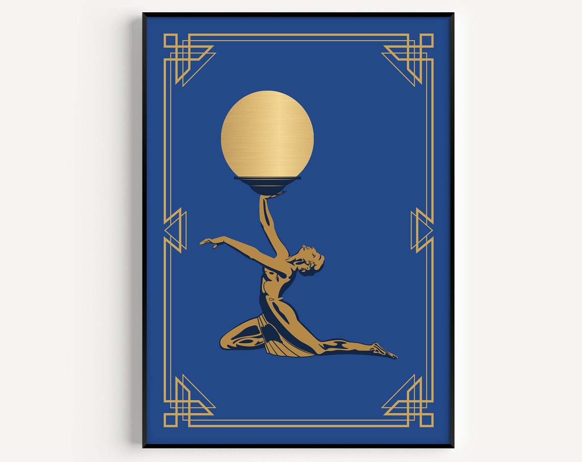 Art Deco Dancer Gold Moon Royal Blue Glamour Elegant Wall Poster
