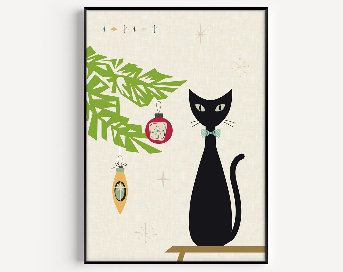 Mid-Century Modern Christmas Cat Art Print