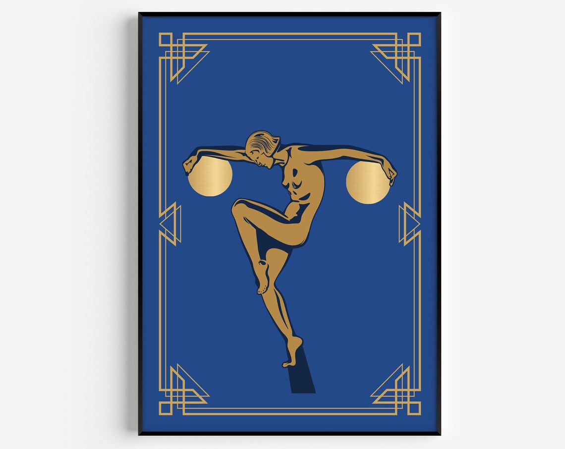 Art Deco Dancing Woman Gold on Blue Geometric Vintage Style Poster