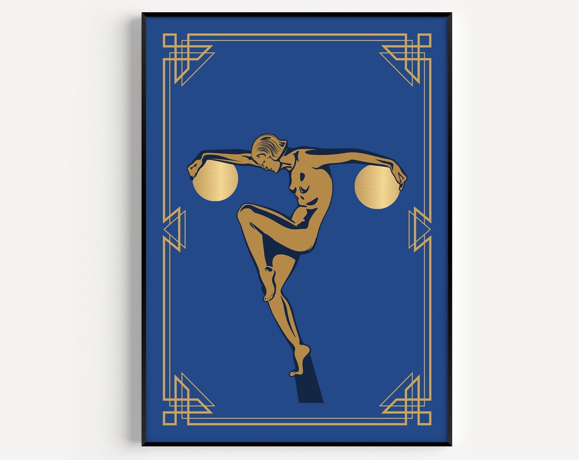 Art Deco Wall Print Blue Woman Gold Prints