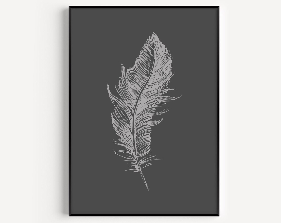 Minimalist White Feather Sketch Dark Grey Modern Botanical Art Print