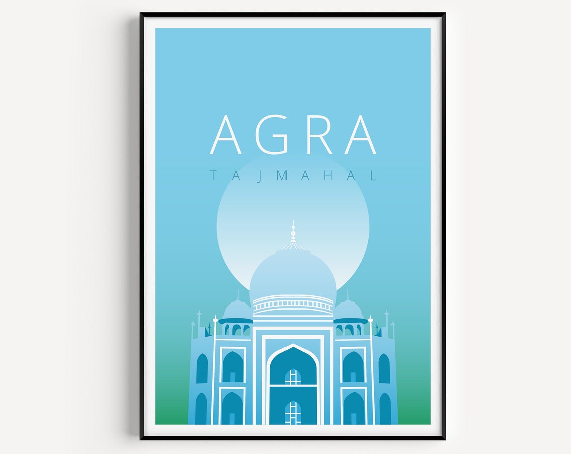 Agra Taj Mahal Minimalist Blue Gradient Landmark Travel Poster