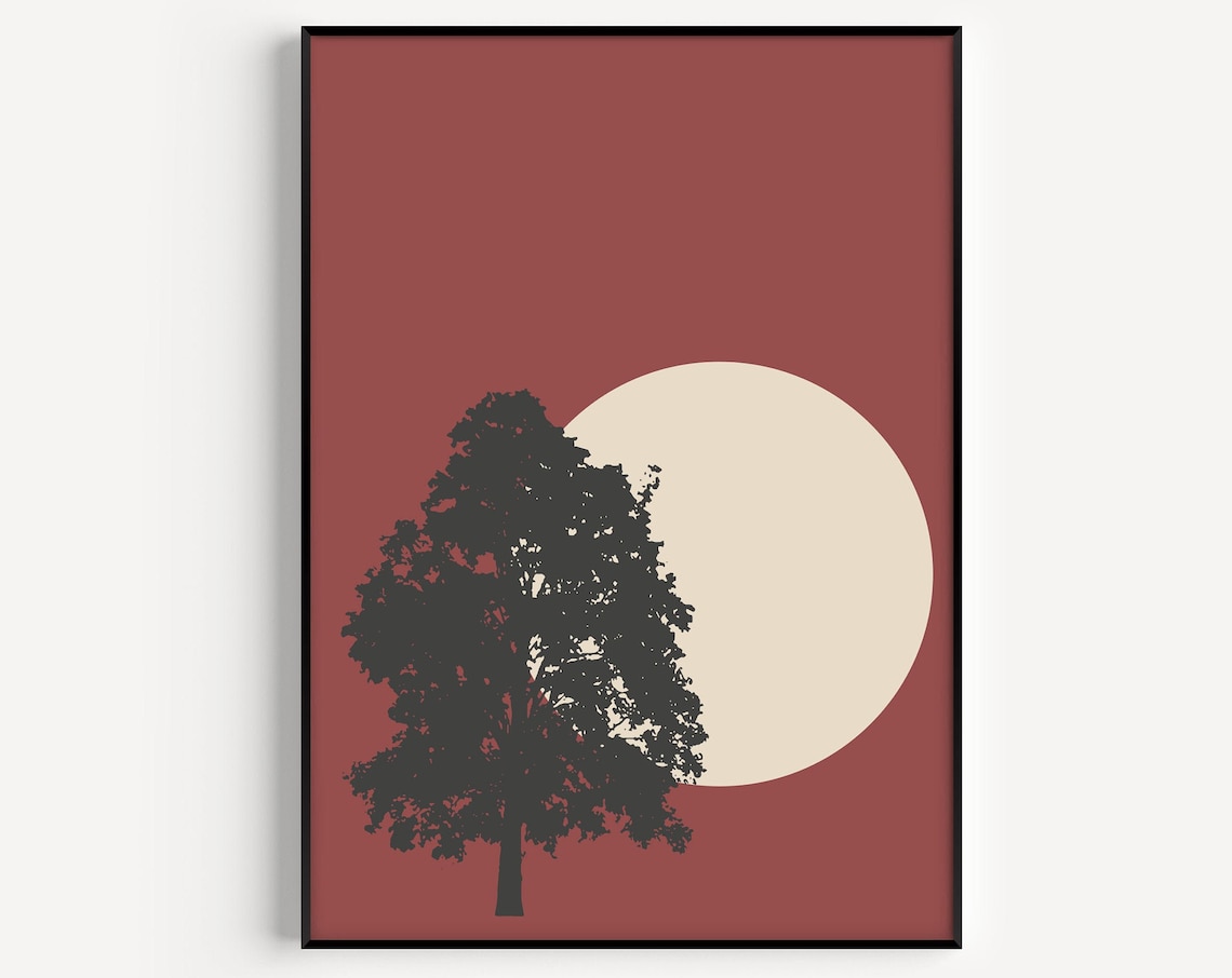 Scandinavian Minimalist Tree Silhouette Moon Rust Red Wall Art