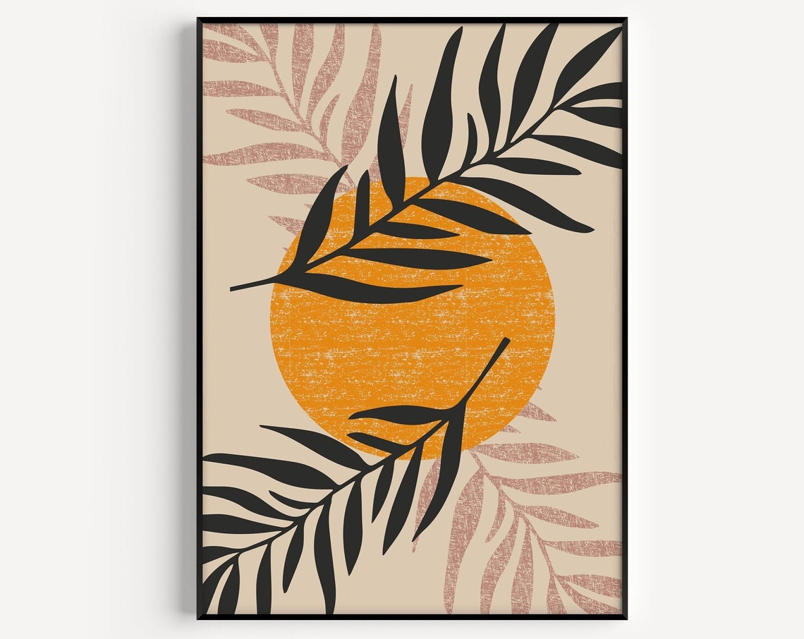Boho Modern Botanical Sun and Palm Leaves Abstract Beige Wall Art