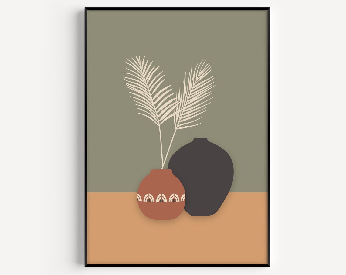 Terracotta Vases with Palm Leaves Minimalist Boho Wall Poster