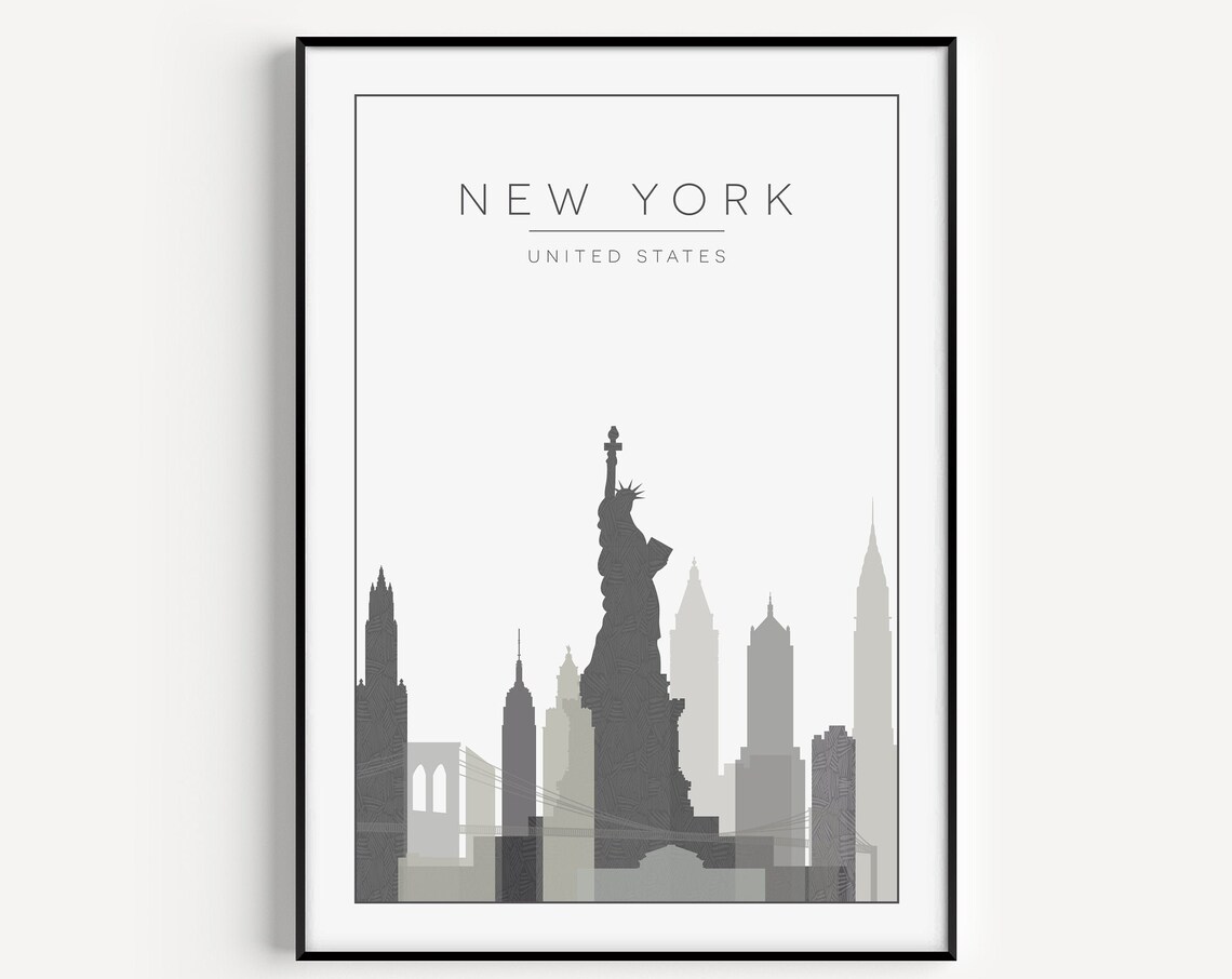 New York Grey Travel Poster, Wall Art Print