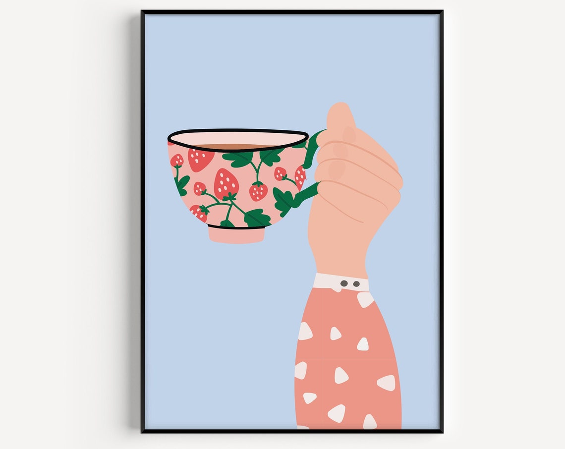 Strawberry Teacup Hand Illustration Pastel Blue Kitchen Wall Art