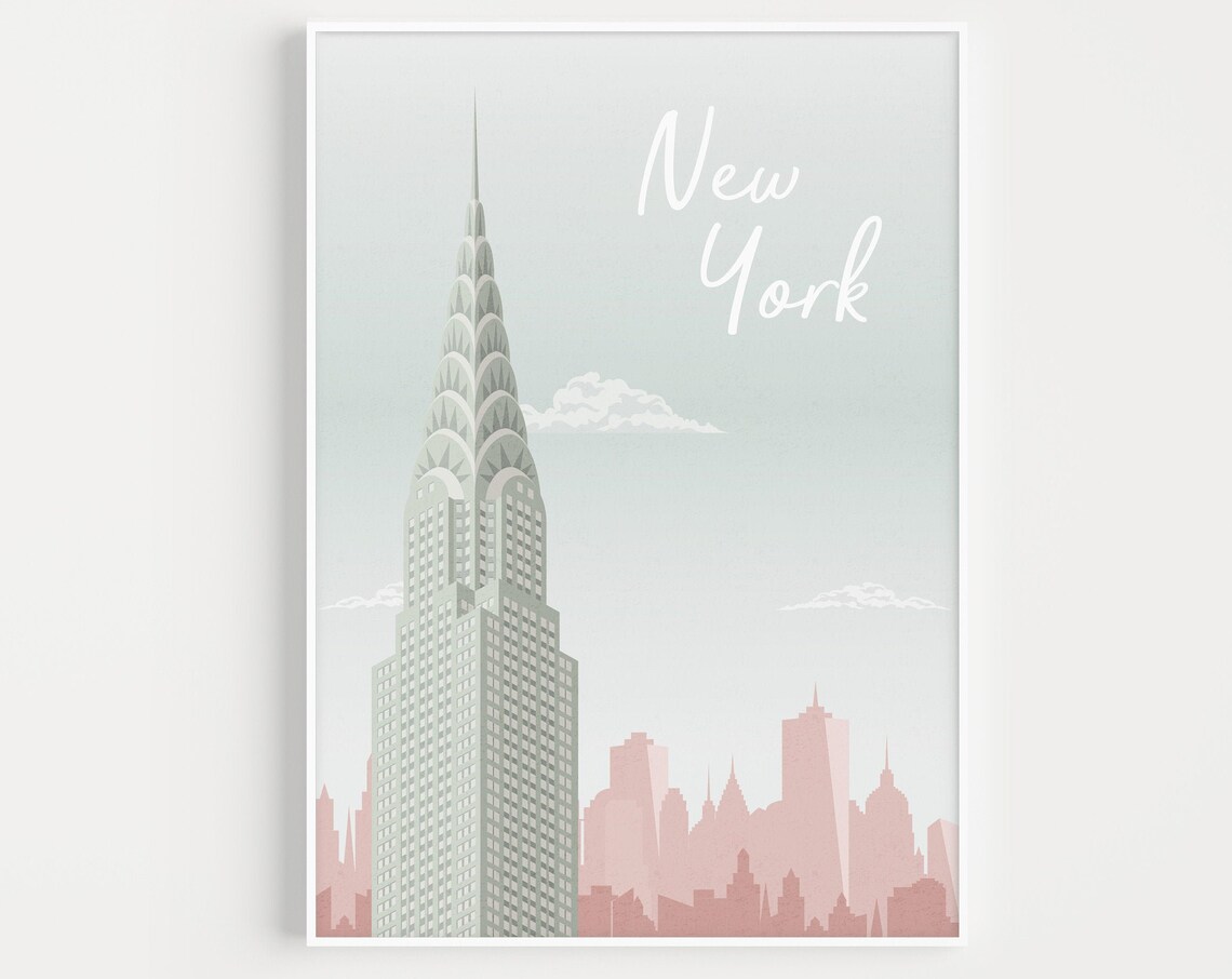 New York Travel Poster, Modern Pink and Blue