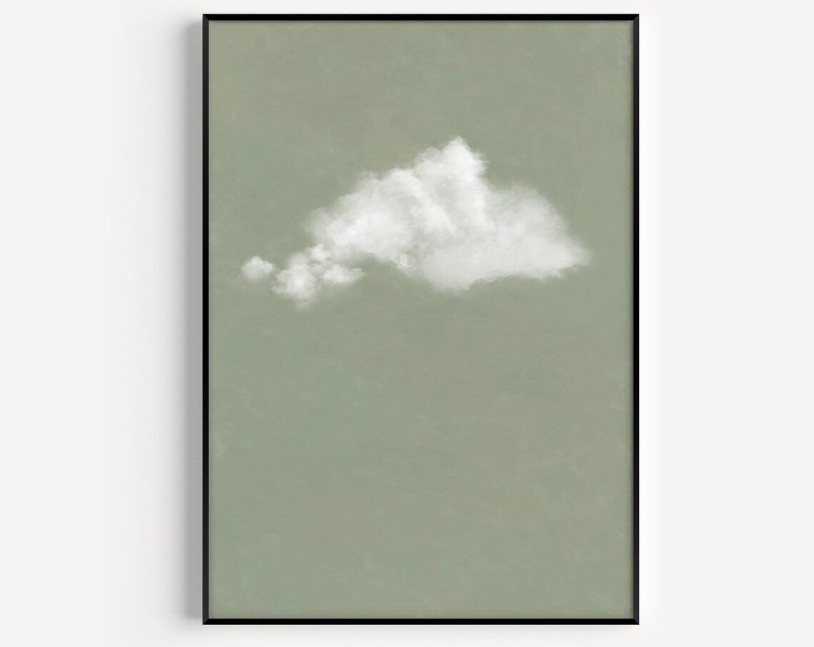 Single White Cloud Sage Green Background Calm Minimalist Sky Art Poster