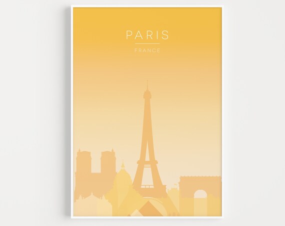 Paris France Yellow Sunset Eiffel Tower Skyline Minimal Poster
