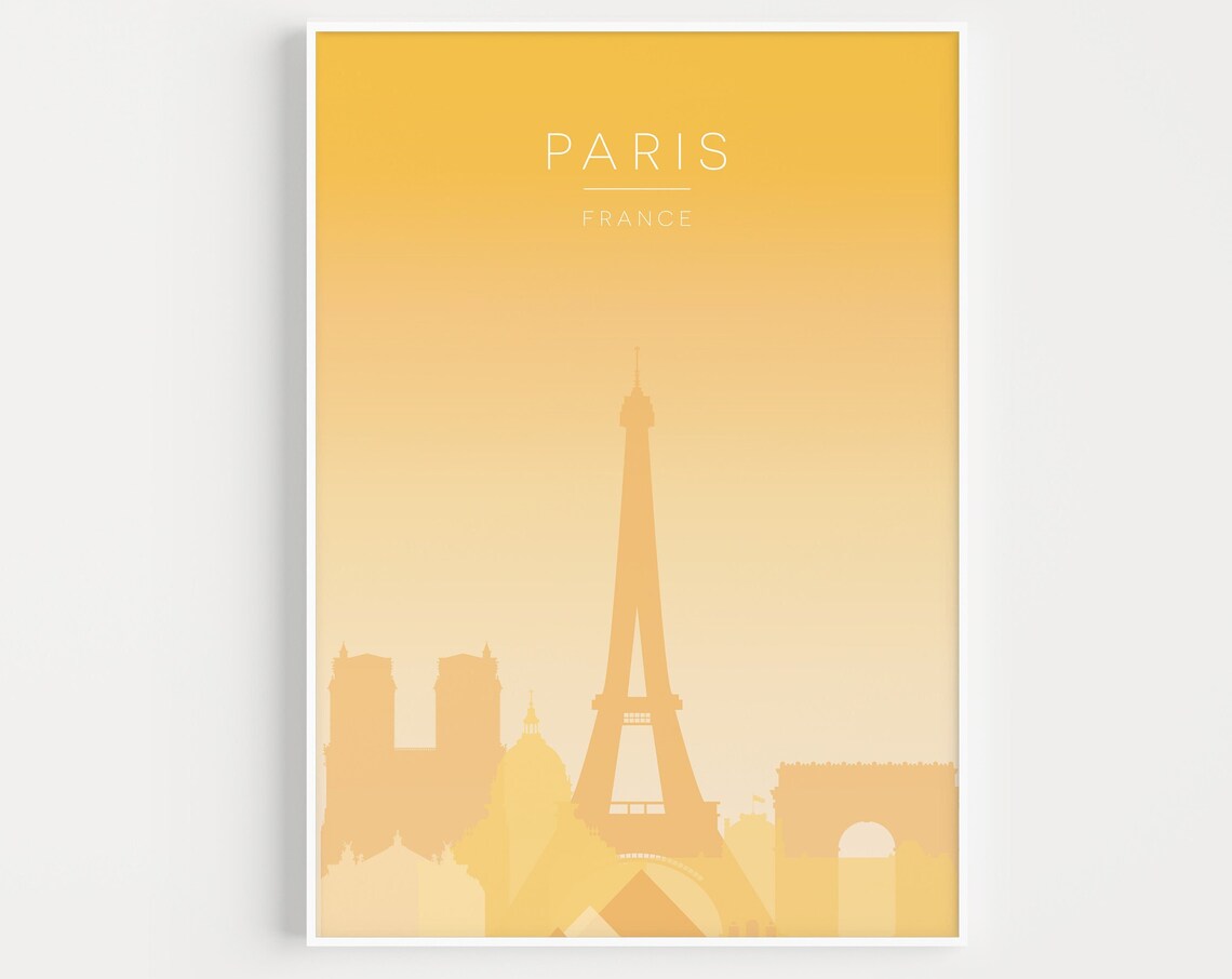 Paris France Yellow Sunset Eiffel Tower Skyline Minimal Poster