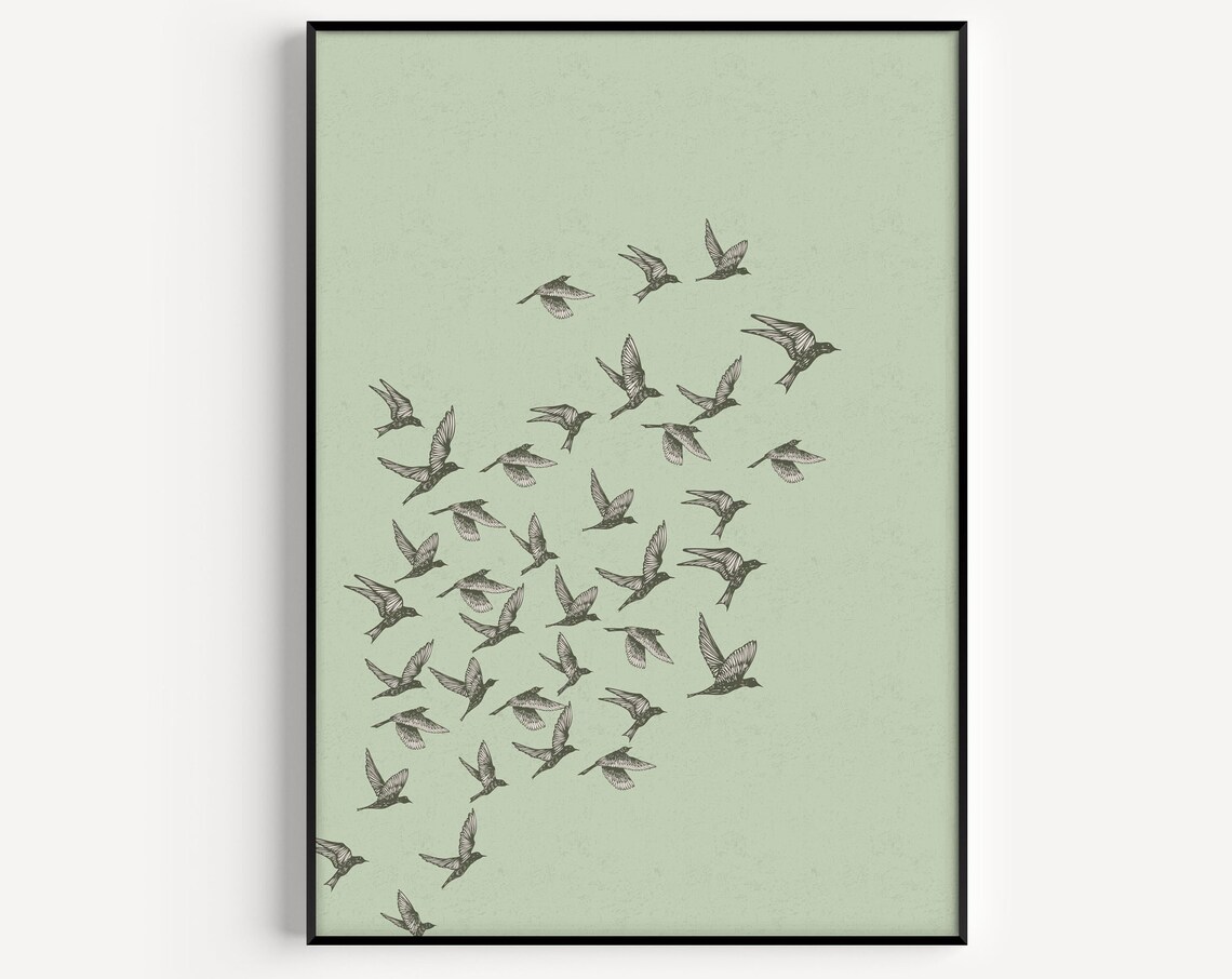 Wall Art Green Print Bird Prints Minimalist Flock