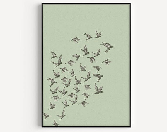Wall Art Green Print Bird Prints Minimalist Flock