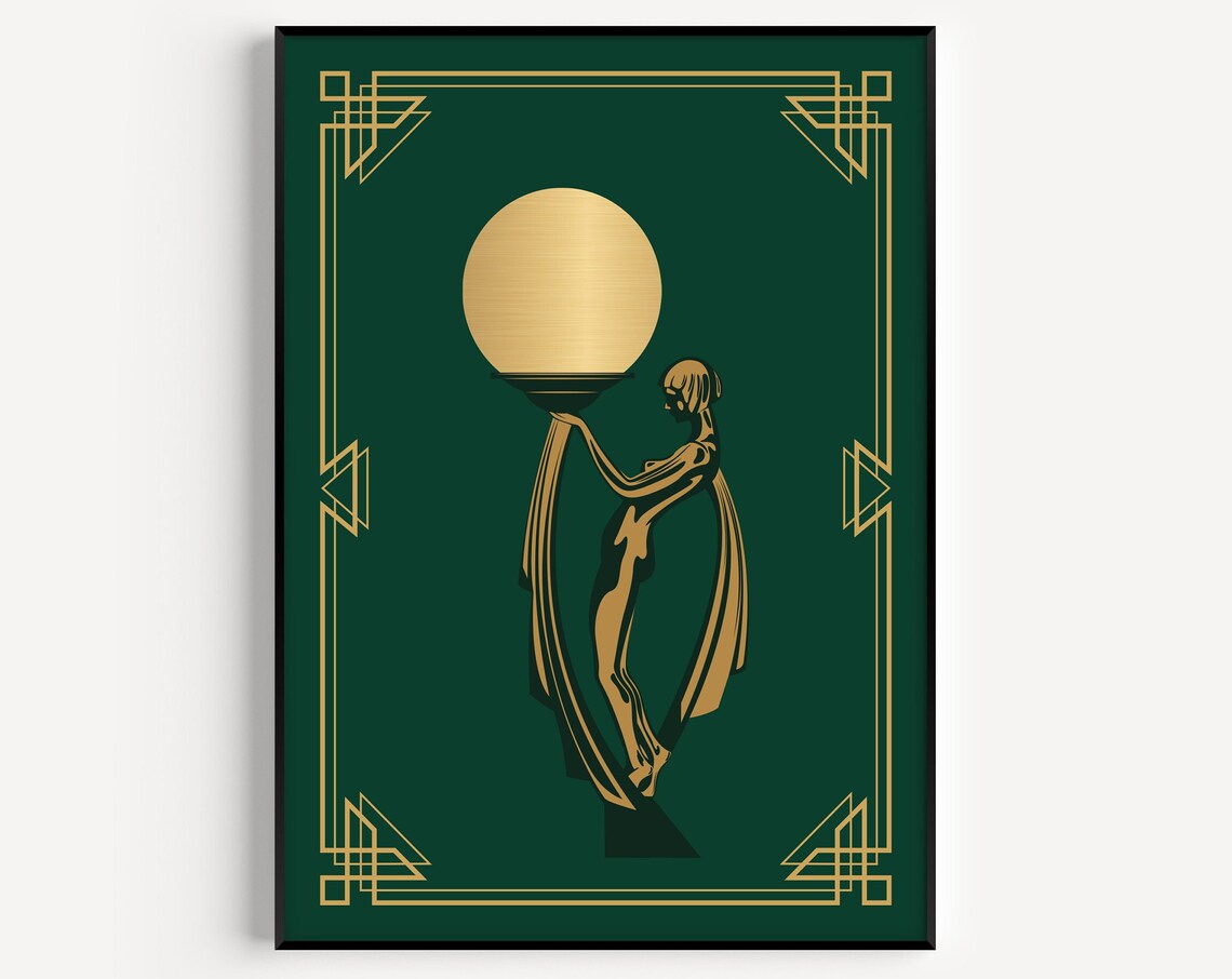 Art Deco Green Gold Woman Holding Moon Geometric Border Poster