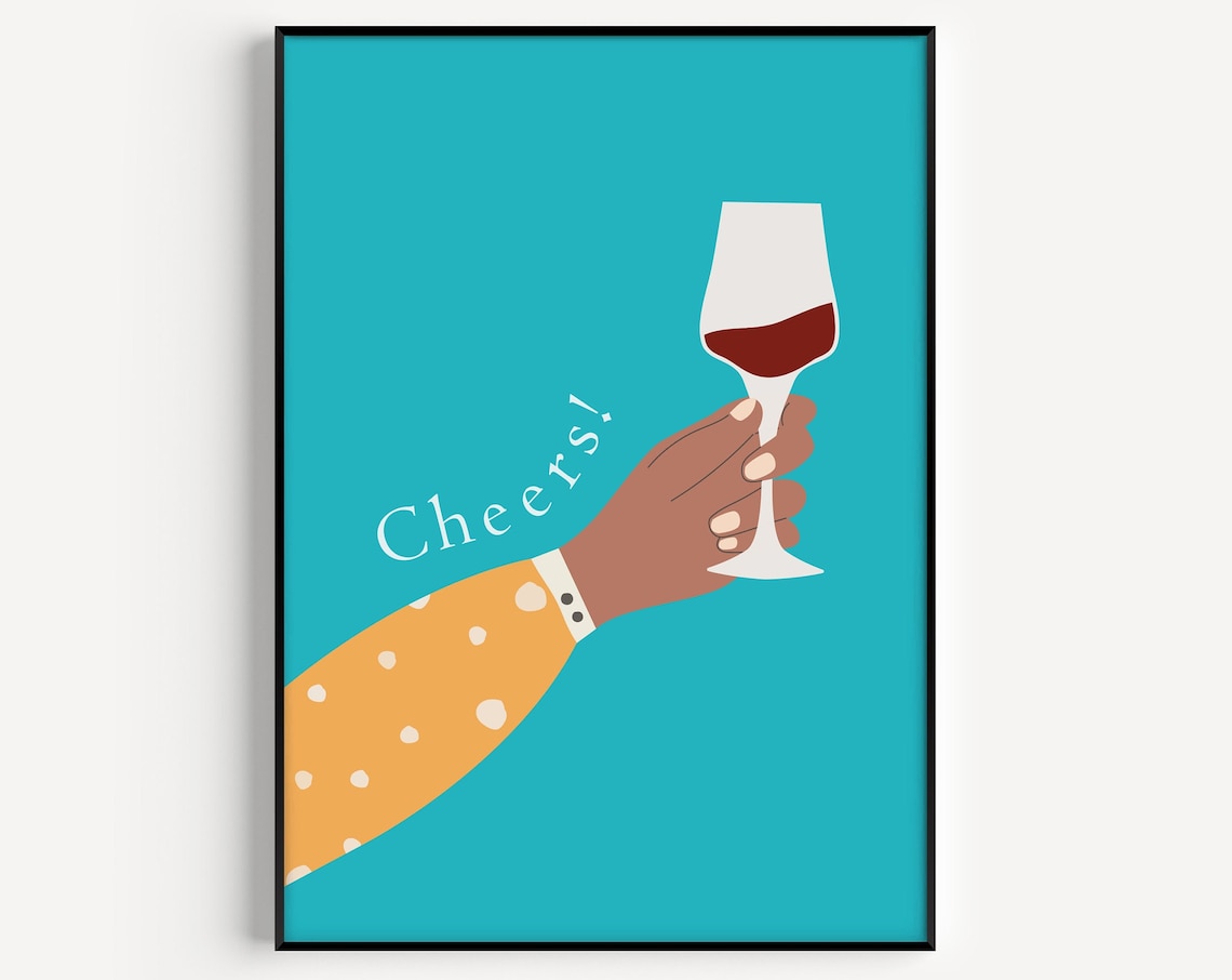 Cheers Wine Glass Toast Teal Modern Kitchen Bar Decor Art Print