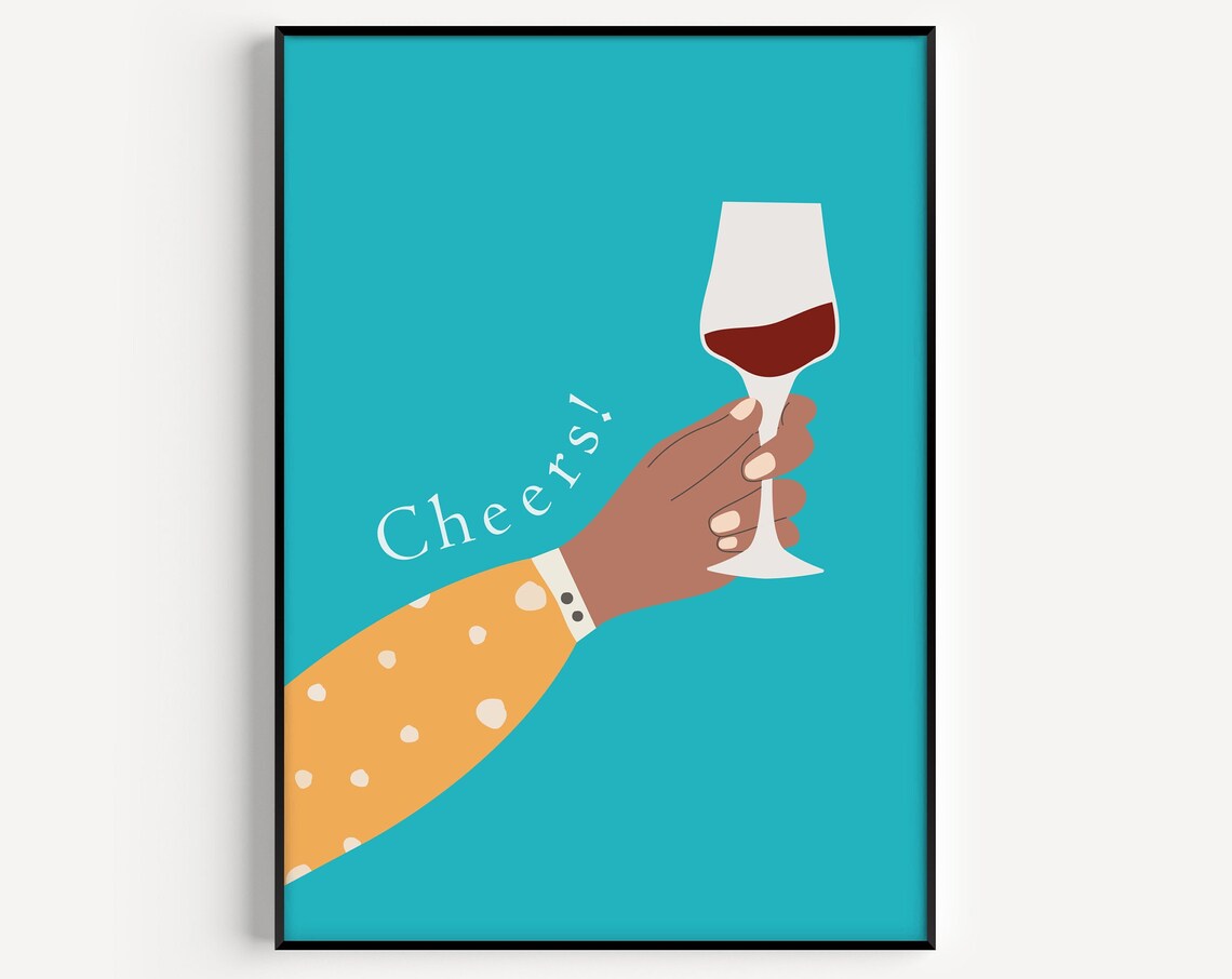 Wine Print Wall Art Kitchen Cheers Gift Minimalist For Friend Blue