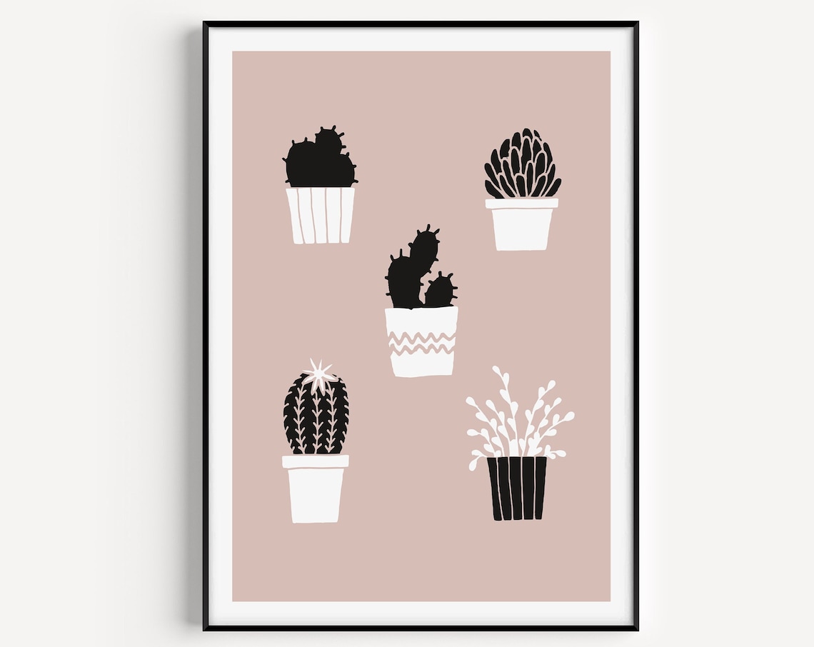 Minimalist Cacti Silhouette Blush Pink Botanical Style Poster