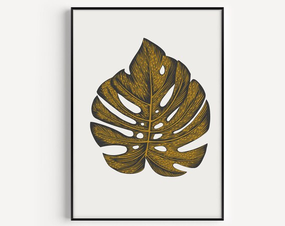 Monstera Leaf Gold Botanical Line Art Minimalist Wall Poster