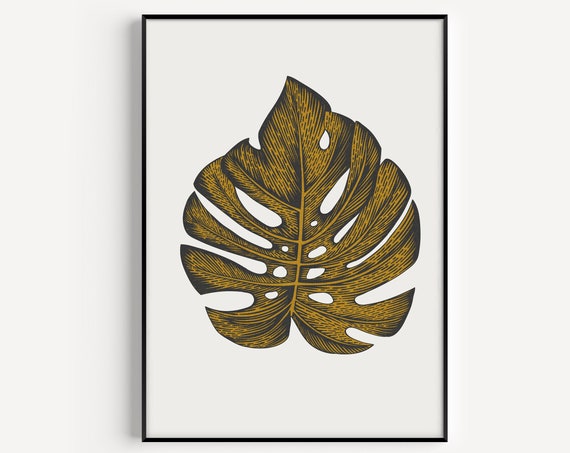Monstera Print Art Botanical Yellow Wall Leaves