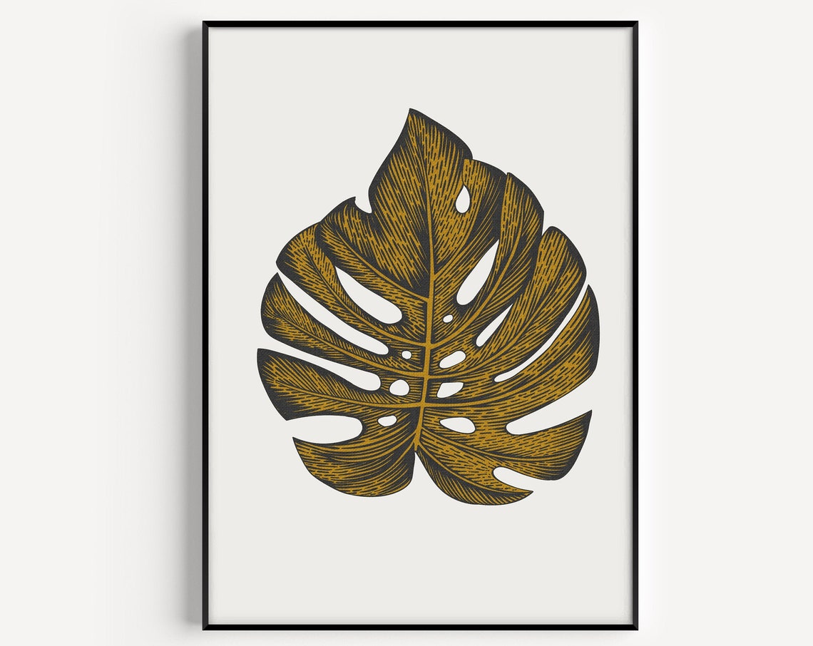Monstera Print Art Botanical Yellow Wall Leaves
