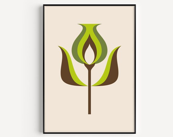Mid Century Modern Green Floral Retro Nordic Botanical Poster