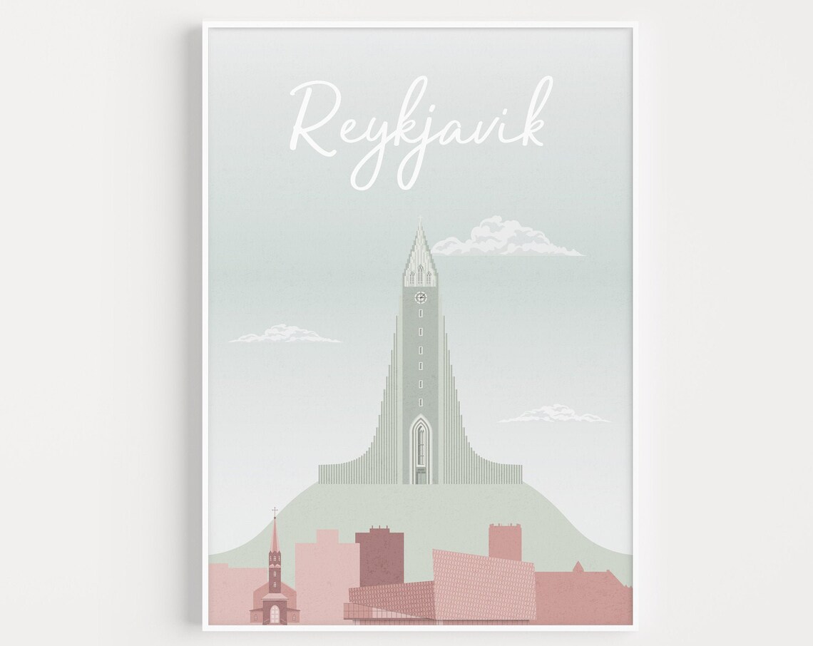Reykjavik Blue Travel Poster, Iceland Art Print