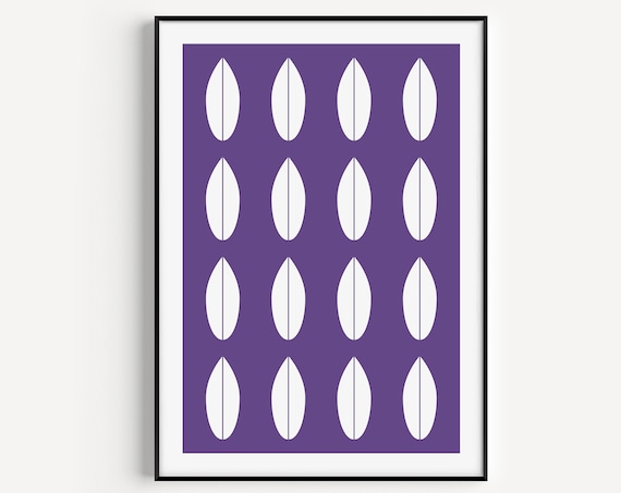 Mid Century Modern Poster Purple White Leaf Pattern Minimalist Art