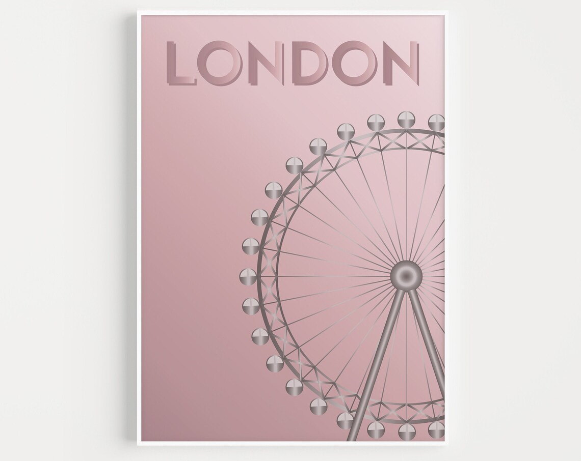 London Pink Minimalist Ferris Wheel England Travel Poster Gift