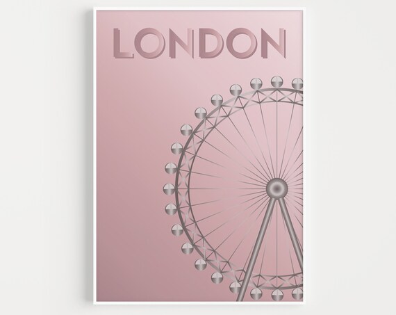 London Pink Minimalist Ferris Wheel England Travel Poster Gift