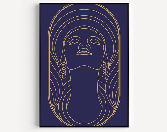 Elegant Art Deco Gold Line Woman Face On Navy Minimalist Wall Art
