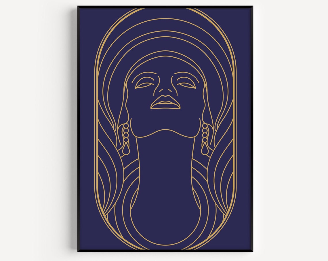Art Deco Print Wall Woman Blue Gold Prints
