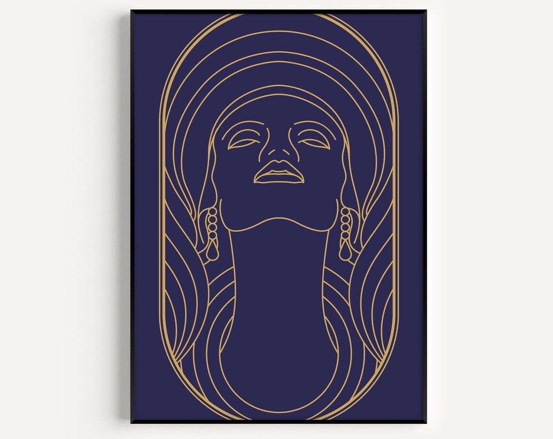 Elegant Art Deco Gold Line Woman Face On Navy Minimalist Wall Art