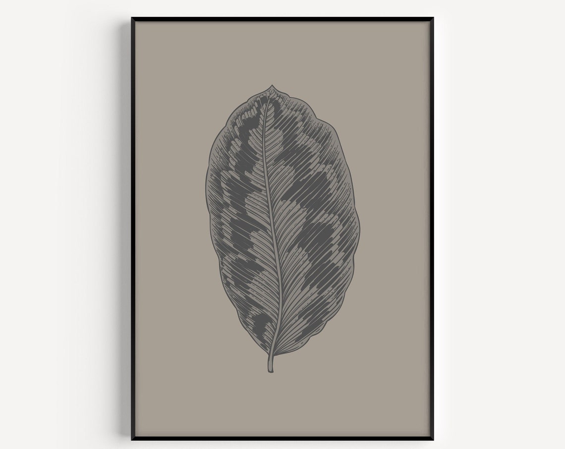 Single Leaf Botanical Line Etching Beige Minimalist Nature Art Poster
