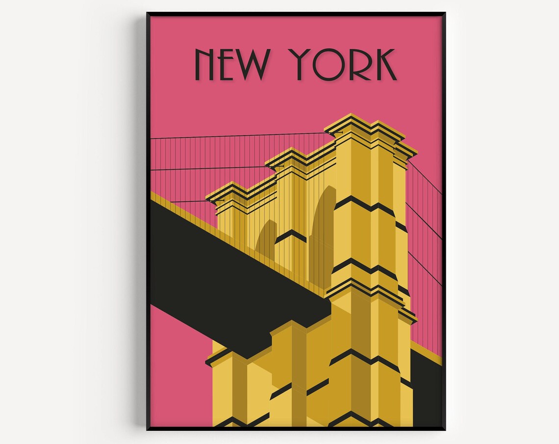New York Brooklyn Bridge Gold Pink Modern Graphic Travel Poster