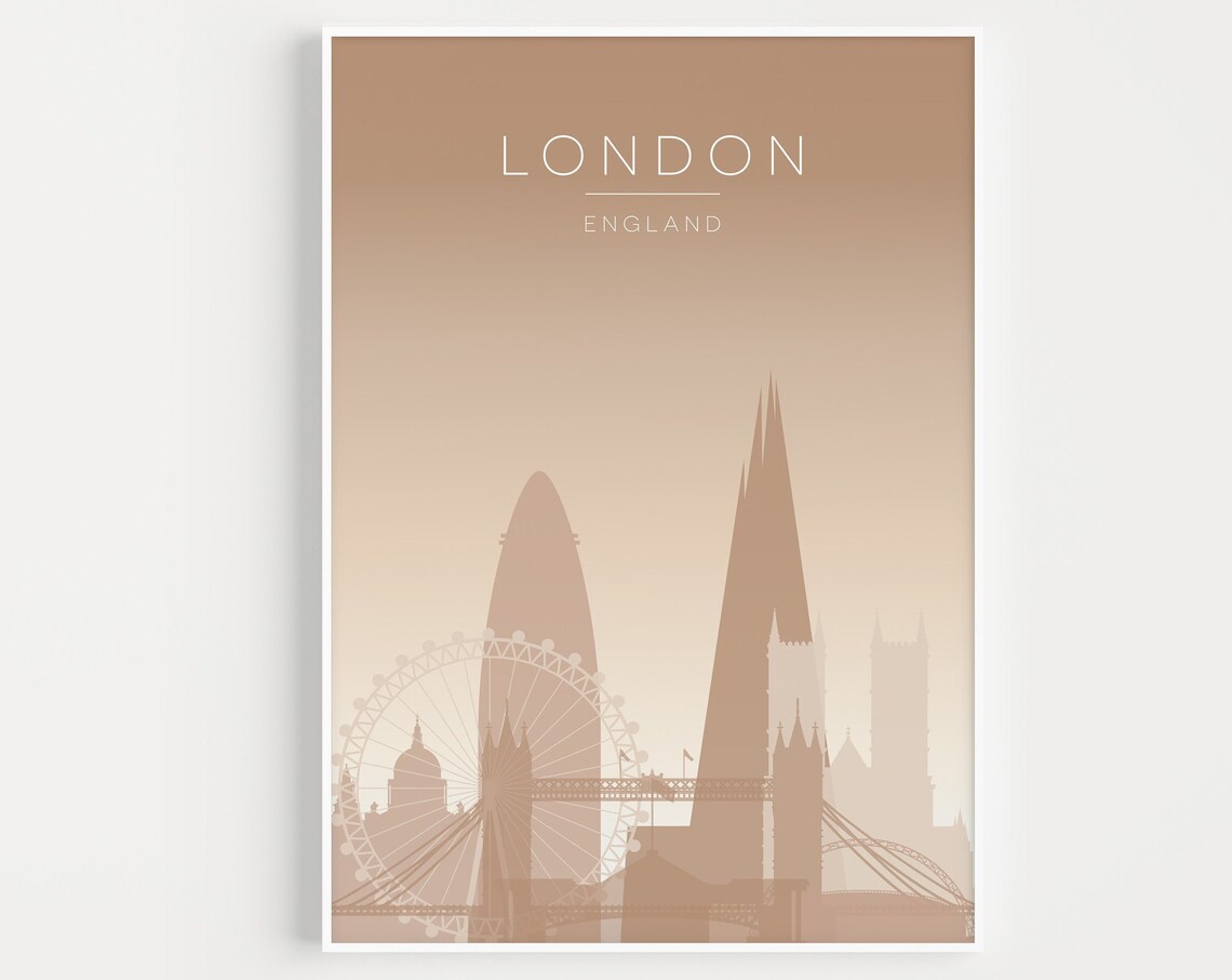 London England Beige Skyline Ferris Wheel Modern Vintage Travel Poster