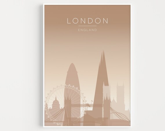London England Beige Skyline Ferris Wheel Modern Vintage Travel Poster