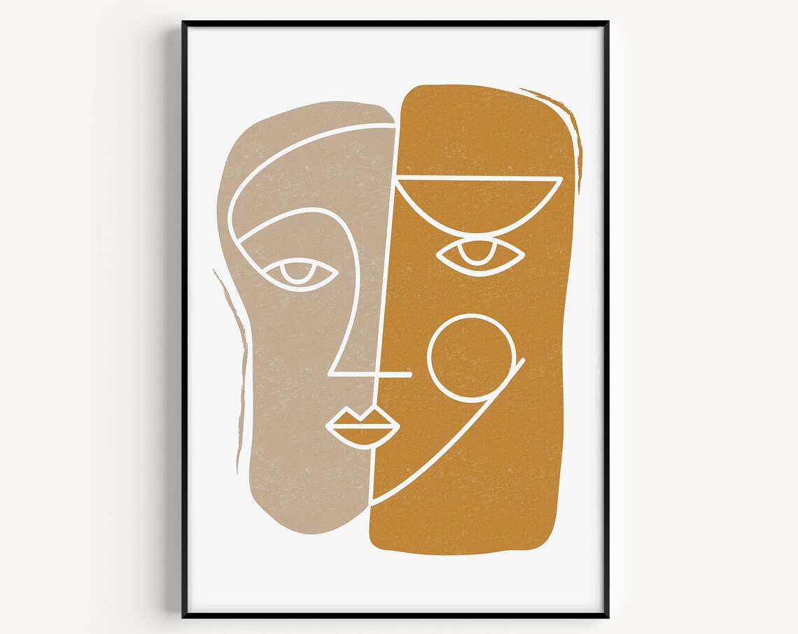 Abstract Split Face Mustard and Ochre Minimal Line Portrait Print