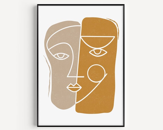 Wall Art Print Face Mustard Yellow Line Prints Abstract