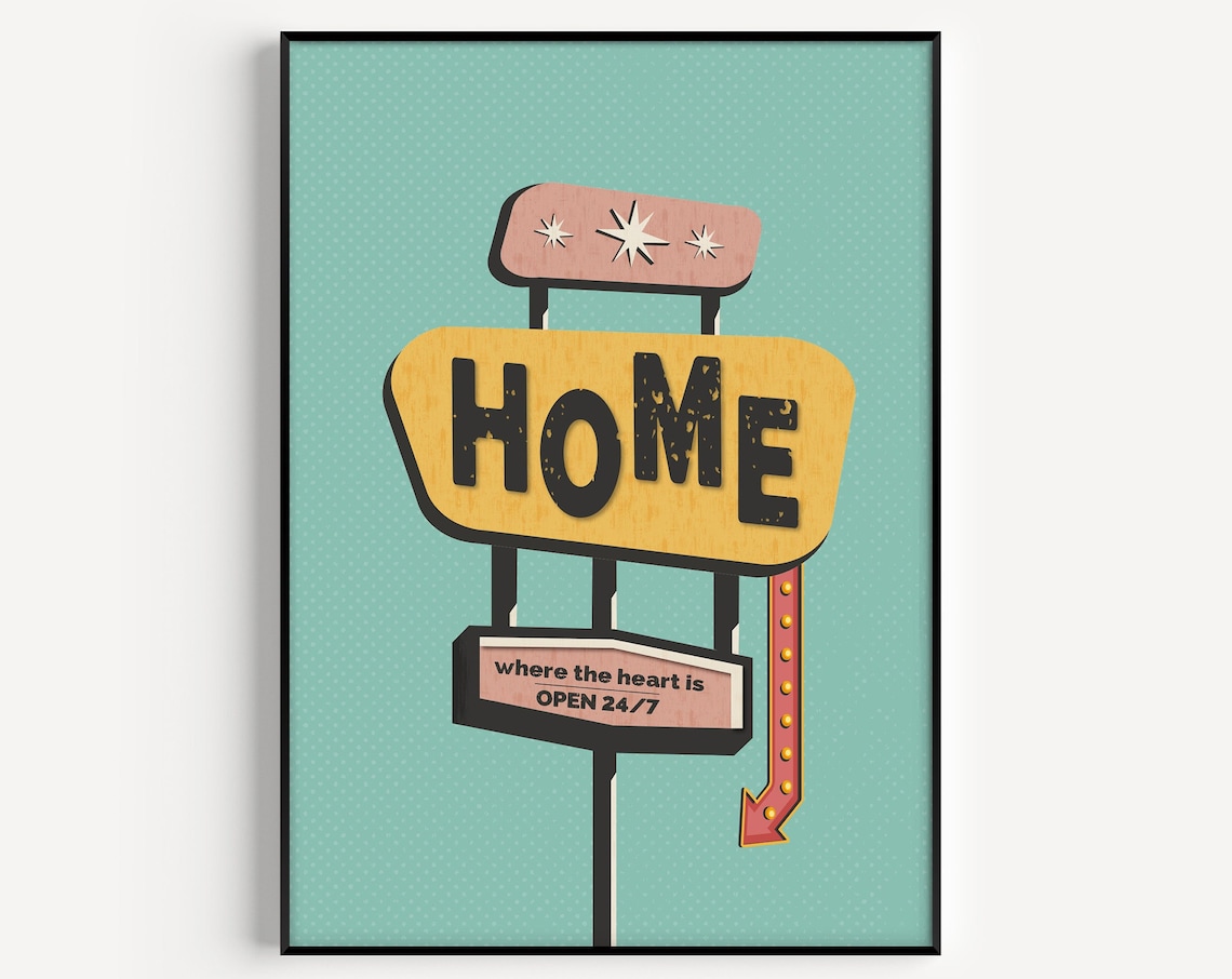 Home Sign Print, Mid Century Modern Retro Decor