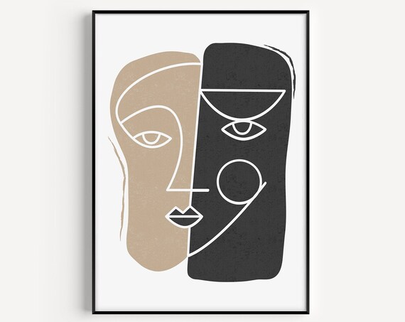 Abstract Faces Line Art Beige Black Minimalist Modern Wall Poster