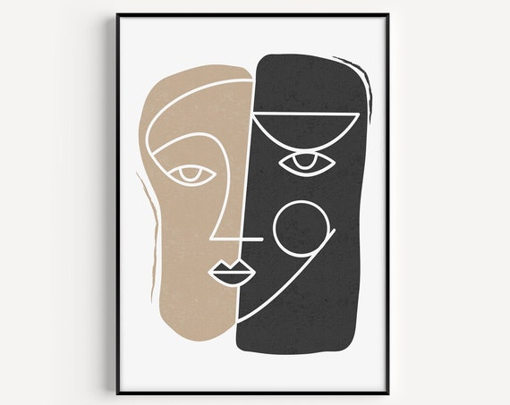 Wall Art Print Face Abstract Line Prints Black Beige Neutral